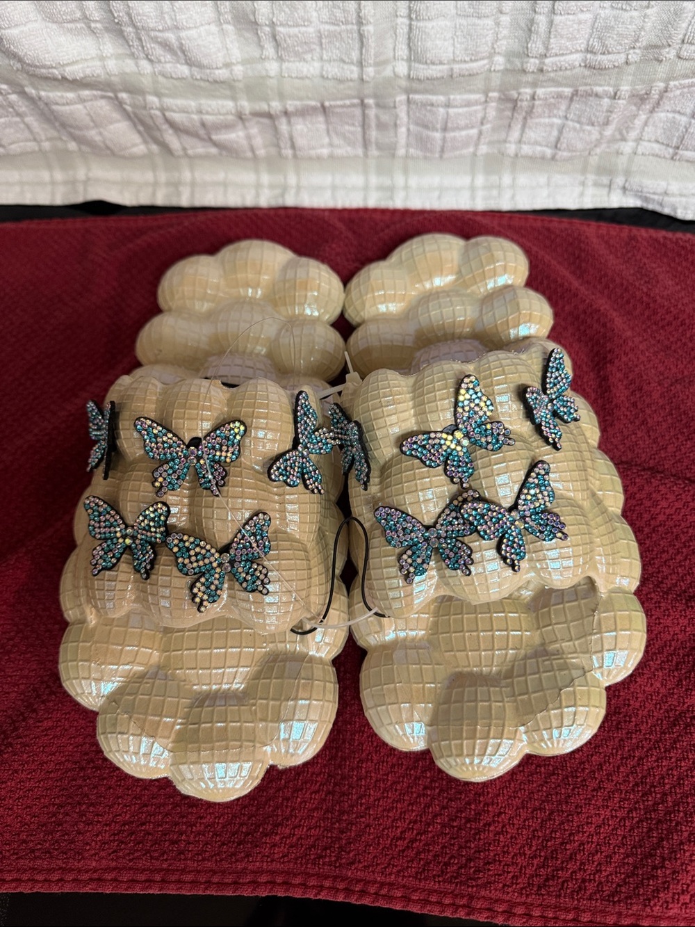 Iridescent Cream Bubble Slide Sandals with Rhinestone Butterflies